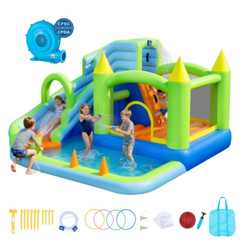 

VEVOR Castello Gonfiabile per Bambini Parco Acquatico con Scivolo Canestro da Basket Piscina, Castello Gonfiabile Gioco d'Acqua 344x374x213 cm Capacità di Peso max. 160 kg per Bambini 3-8 Anni