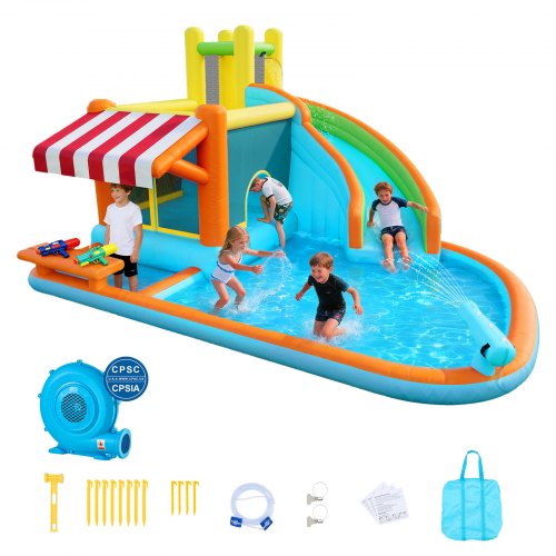 

VEVOR Castello Gonfiabile da Esterno per Bambini Parco Acquatico 455x390x238 cm, Castello Gonfiabile con Scivolo Piscina Bancarella Capienza ca. 3-4 Bambini 3-8 Anni, Gioco d'Acqua per Esterno
