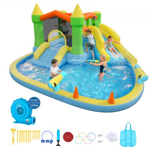

VEVOR Castello Gonfiabile da Esterno per Bambini 382 x 398 x 197 cm con Scivolo Piscina Gioco d'Acqua, Castello Gonfiabile Capienza ca. 3-4 Bambini per Età 3–8 Anni, Carico max. 160 kg