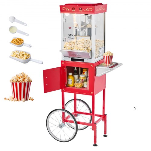 

VEVOR Macchina per Popcorn con Carrello, Bollitore in Acciaio Inox da 0,2 kg, 800 W, 48 Tazze per Dose, Stile Cinema, con Controllo a 2 Pulsanti, con Parete in Vetro, 1 Misurino, 3 Cucchiai, Rosso