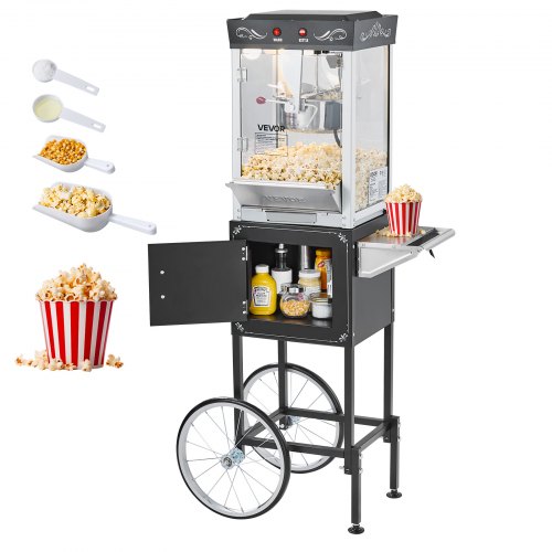 

VEVOR Macchina per Popcorn con Carrello, Bollitore in Acciaio Inox da 0,2 kg, 800 W, 48 Tazze per Dose, Stile Cinema, con Controllo a 2 Pulsanti, con Parete in Vetro, 1 Misurino, 3 Cucchiai, Nero