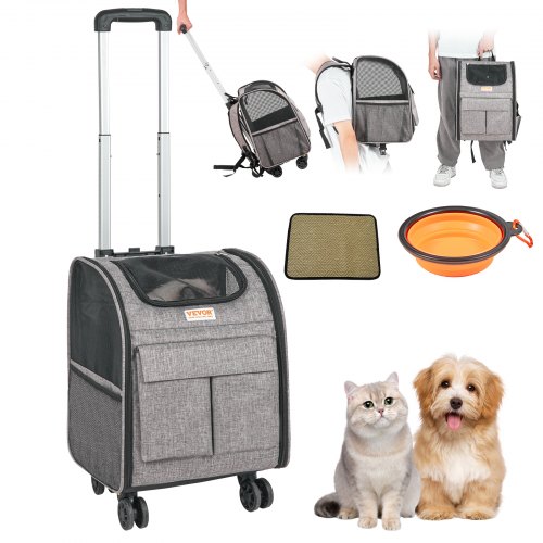 

VEVOR Trasportino per Cani e Gatti con Ruote, Zaino per Animali Domestici con Maniglia Telescopica 5 Tasche, Tessuto Oxford 600D Cerniera Autobloccante Capacità di Carico Massima 8,1 kg Colore Grigio