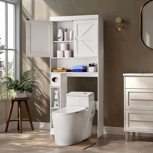 

VEVOR Mobiletto Portaoggetti Sopra WC 1713 x 815 x 195 mm Organizzatore per Bagno, Capacità di Carico di 30 kg con Doppia Anta e Ripiano Regolabile, Mobile da Bagno con Ripiano Aperto, Bianco