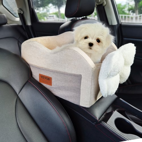 

VEVOR Seggiolino da Auto per Cani di Piccola Taglia 8kg, Rialzo per Cani, Guinzaglio con Clip, Cinghie Regolabili, Cuccia per Animali Domestici con Bracciolo Centrale, Marrone Chiaro