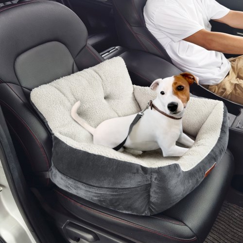 

VEVOR Seggiolino Auto per Cani di Piccola Taglia 9 kg, Rialzo per Cani con Schienale Alto, Tasca Portaoggetti, Guinzaglio di Sicurezza con Clip, Imbottitura in Cotone PP, Cuccia Cane, Grigio Scuro