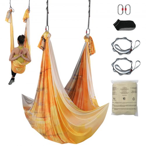 

VEVOR Amaca e Altalena per Yoga Aerea, 5,5 Metri, Starter Kit Tessuto in Nylon da 100 g/m², Hardware Completo e Guida di Installazione Facile, Volo Antigravità per Bodybuilding, Oro