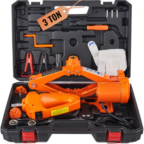 

VEVOR Kit di Attrezzi per Martinetto Idraulico a Forbice per Riparazione dell'Auto Veicolo Carico Massimo 3 Tonnellate Corrente CC 12V 15A, Cassetta di Attrezzi per Martinetto a Forbice Cavo da 3,5m