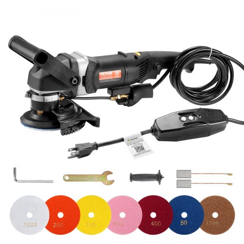 

VEVOR Lucidatrice a Umido 800 W, Lucidatrice per Calcestruzzo da 100 mm 6 Velocità Regolabile 7 Tamponi per Lucidatura 700-3000 giri/min Interruttore GFCI, per Marmo, Granito, Pietra, Piastrelle