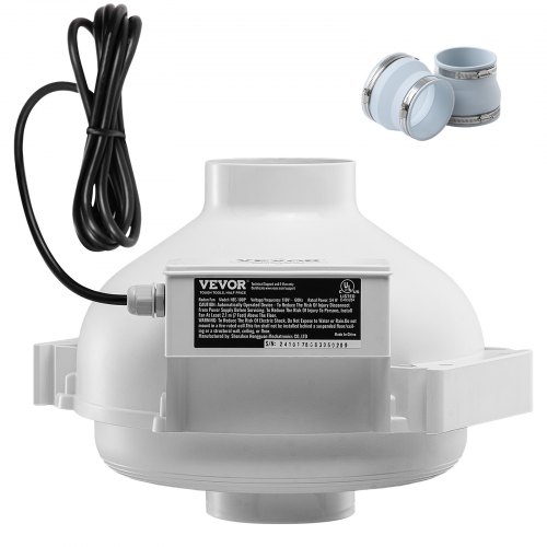 

VEVOR Kit di Installazione Ventola Radon da 98 a 114 mm Kit di Mitigazione del Radon Silenzioso da 190 CFM con 2 Giunti, Ventola per Radon Impermeabile, Ventola di Scarico per Condotto in Linea, 51 W