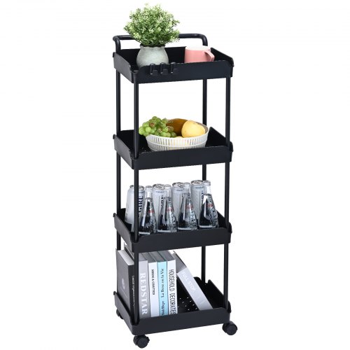 

VEVOR Carrello Multiuso 4 Ripiani a Rotelle Carrello Portaoggetti 370 x 355 x 1065mm Ruote Bloccabili con Maniglia, Carrello Mobile Materiale PP Portaoggetti Salvaspazio per Ufficio Cucina Colore Nero