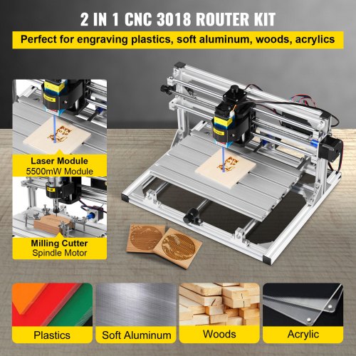 VEVOR CNC 3020 300x200x40mm Effective Working Area CNC Machine 10000r/min Mini Laser Engraver with 5,500MW Laser Head Desktop 3 Axis Engraving Machine for DIY Carving Milling Plastic Acrylic PVC Wood