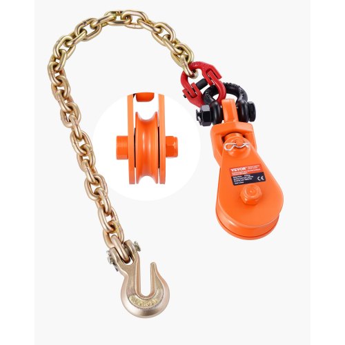 

VEVOR Blocco di Strappo da 2 T con Catena G80, Puleggia del Blocco di Strappo, Grillo Girevole, Puleggia 74 mm per Cavo Metallico 9,52 mm per Applicazioni di Traino e Recupero su Camion di Rimorchio