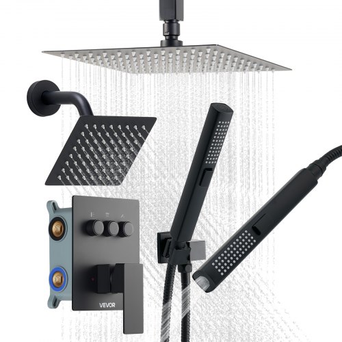 

VEVOR Set Doccia con Sistema Doccia a Pioggia da 254 mm, Soffione a Parete, Doccetta, Soffione a Pioggia Doppio Girevole, 3 Funzioni, Kit di Finitura e Valvola in Ottone, Nero Opaco