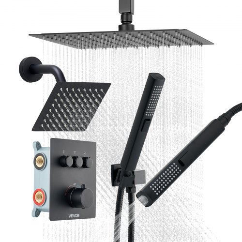 

VEVOR Set Doccia con Sistema Doccia a Pioggia da 304 mm, Soffione a Parete, Doccetta, Soffione a Pioggia Doppio Girevole, 3 Funzioni, Kit di Finitura Valvola in Ottone, Termostatico Nero Opaco