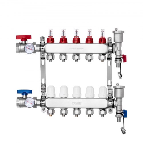 

VEVOR Collettore di Riscaldamento Radiante a 5 Rami, Collettore per Tubi PEX da 12,7 mm in Acciaio Inossidabile PEX, con Adattatori da 12,7 mm, per Pavimento Radiante Idronico, Kit Collettore PEX