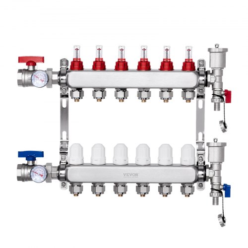 

VEVOR Collettore di Riscaldamento Radiante a 6 Rami, Collettore per Tubi PEX da 12,7 mm in Acciaio Inossidabile PEX, con Adattatori da 12,7 mm, per Pavimento Radiante Idronico, Kit Collettore PEX