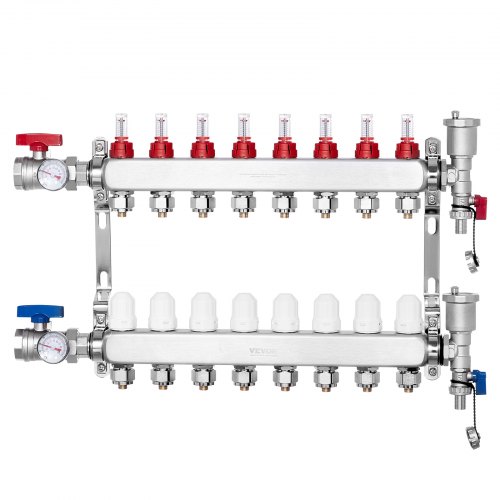 

VEVOR Collettore di Riscaldamento Radiante a 8 Rami, Collettore per Tubi PEX da 12,7 mm in Acciaio Inossidabile PEX, con Adattatori da 12,7 mm, per Pavimento Radiante Idronico, Kit Collettore PEX