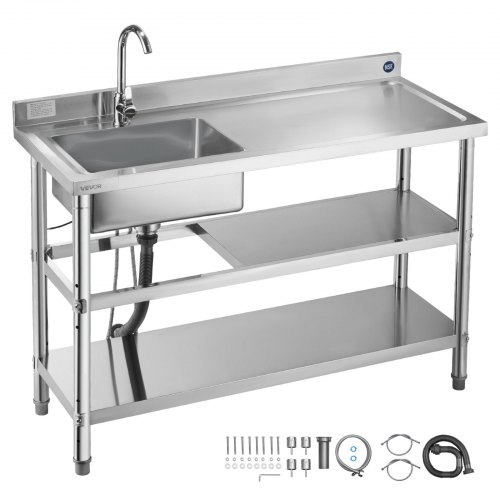 

VEVOR Lavandino Mobile da Cucina 1200 x 500 x 940 mm, Vasca Singola con Rubinetto e 2 Vani Portaoggetti, Lavello da Cucina per Garage, Ristorante, Lavabo da Esterno con Piano di Lavoro Destra