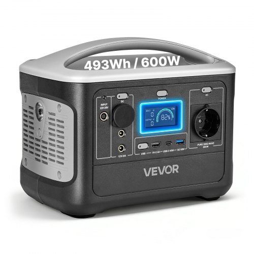VEVOR Centrale Elettrica Portatile da Esterno Generatore da 600 W Batteria Backup LiFePO4 da 493 Wh con 7 Porte di Uscita per Emergenza, Generatore Solare per Campeggio Viaggio, Senza Pannello Solare