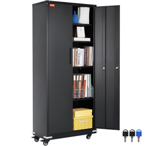 

VEVOR Armadietto portaoggetti con Ruote da 190,5 cm, con 4 Ripiani Regolabili e 2 Ante Magnetiche, Capacità di 200 libbre per Ripiano, Armadietto in Metallo con 3 Chiavi per Ufficio, Garage, Casa, Nero