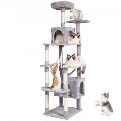 

VEVOR Tiragraffi per Gatti da Interno 183 cm Torre per Gatti con 2 Cucce per Gatti, Amaca, Trespolo Superiore, Piattaforme per Saltare, Grande Centro Attività per Gatti con Palla Appesa, Grigio Chiaro