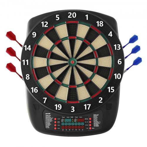 

VEVOR Bersaglio Elettronico per Freccette, Bersaglio 336 mm con 43 Giochi e 200 Varianti per un Massimo di 8 Giocatori, 6 Aste per Freccette con Alette e 50 Punte Morbide, Schermo LED a Colori