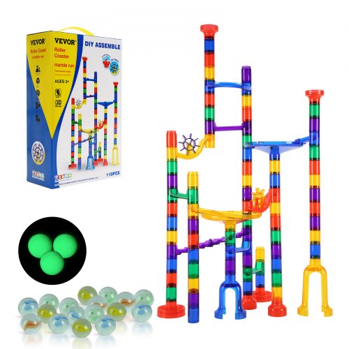 

VEVOR Marble Run Set, 110 Pezzi Marble Maze Building Block Brain Game 355 x 235 x 120 mm, Una Pista per Biglie con 10 Biglie Fosforescenti e 20 Biglie di Vetro, Giocattoli STEM per Bambini 0,94 kg