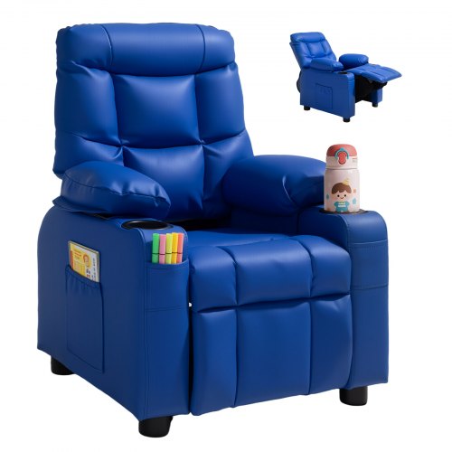 

VEVOR Poltrona Reclinabile per Bambini, con Portabicchieri e Tasche, Schienale Regolabile da 107° a 126°, in Similpelle Facile da Pulire con Poggiapiedi, Capacità di Peso 50 kg, Blu