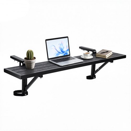 VEVOR Table Balcon Suspendue 124,5x24 cm Charge 27 kg Table de Balustrade pour Garde-corps Terrasse Jardin Extérieur de Rails 25-65 mm, Espacement Réglable Supports, Plateau Composite Bois-Plastique
