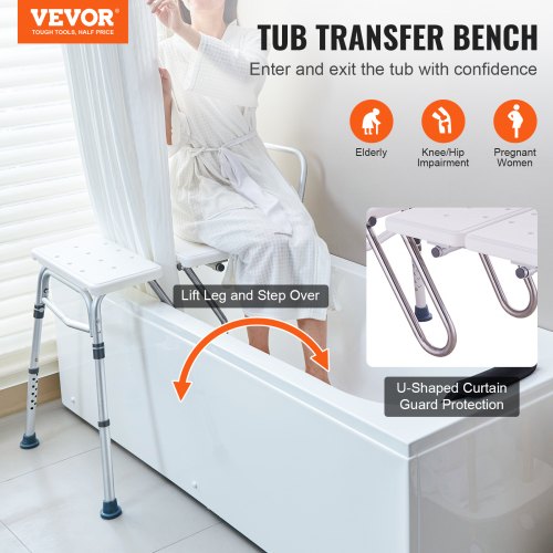 

VEVOR Panca di Trasferimento per Vasca 920 x 610 x 925 mm Panca di Trasferimento per Vasca Regolabile con Protezione per Tende a Forma di U, Schienale Reversibile, per Anziani Disabili, Carico 180 kg