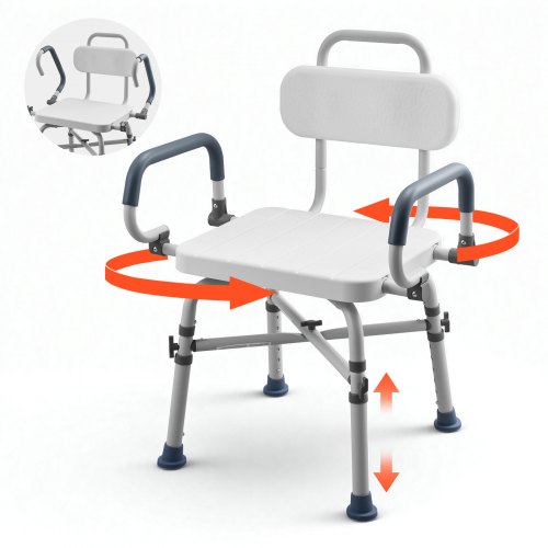 VEVOR Sedia da Doccia Girevole 360° con Braccioli Schienale, Sedia da Doccia per Anziani Pazienti Carico max 227 kg, Sedile Girevole per Vasca da Bagno Box Doccia Altezza Regolabile 415 a 540 mm