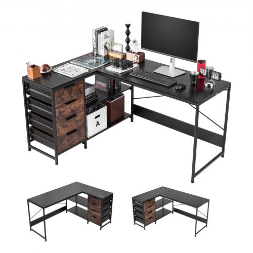 

VEVOR Scrivania per Computer a Forma di L Angolare, Scrivania da Gioco ad Angolo Reversibile Lunghezza 150 cm con 4 Cassetti in Legno 2 Ripiani Portaoggetti, Tavolo per Gaming per Ufficio Casa