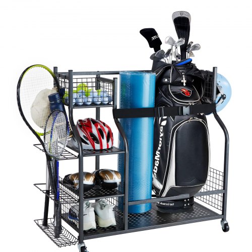 

VEVOR Supporto Porta Sacca da Golf per 2 Sacche da Golf, Supporto Organizer da Garage con 1 Cestello in Filo Metallico 3 Ripiani Laterali, Supporto per Sacca da Golf Mazze da Golf, Palline, Accessori
