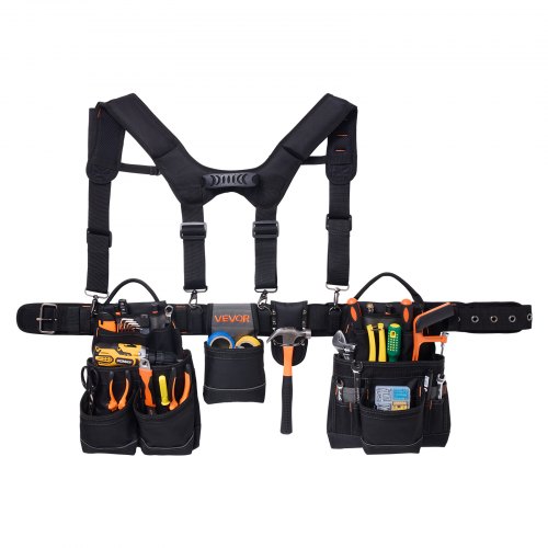 

VEVOR Cintura Porta Attrezzi da Lavoro con 19 Tasche e Bretelle, Cintura Portautensili Regolabile da 80-131 cm, Supporto di Sospensione Staccabile per Elettricisti, Carpentieri, Edilizia