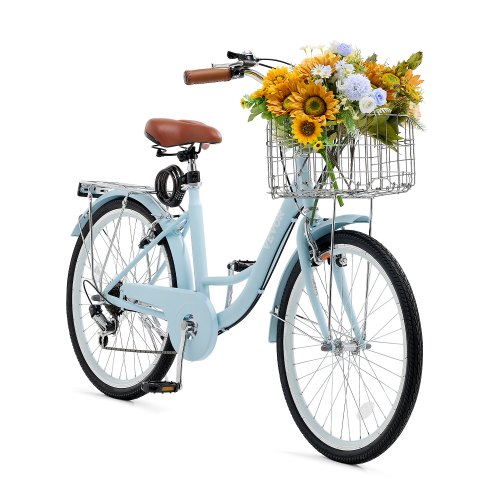 

VEVOR Bicicletta Cruiser 7 Velocità da 26 pollici Bicicletta da Crociera con Cestino e Portapacchi Posteriore, Bicicletta Cruiser per Spiaggia Tempo Libero con Sedile Regolabile Colore Azzurro