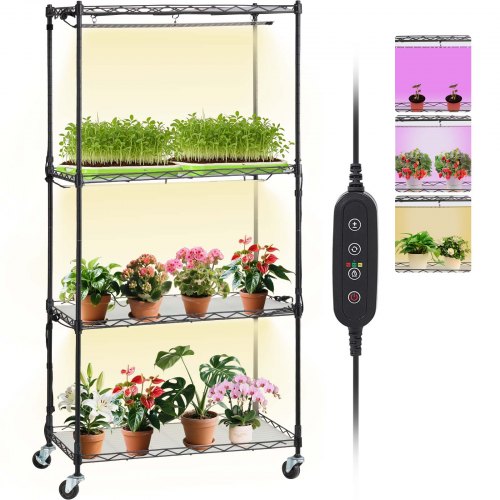 

VEVOR Supporto per Piante con Luce di Crescita, Mensola 4 Ripiani con Timer 45 W 3 Modalità di Spettro di Luci, Mensola per Piante in Metallo, Rack da Giardino per Avviare Semi 600 x 350 x 1265 mm
