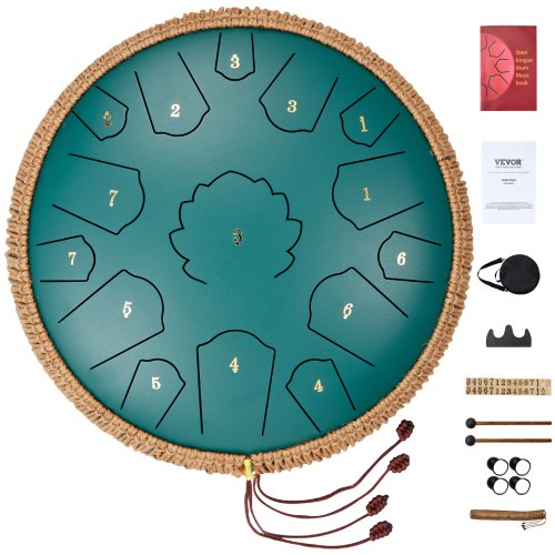 

VEVOR Tamburo con Lingua in Acciaio, 356 mm 15 Toni, Tamburo da Pioggia da Giardino per Esterni, Chiave di Do Maggiore, Tamburo da Serbatoio, 2 Bacchette e Borsa per Trasporto, Tamburo Handpan, Verde