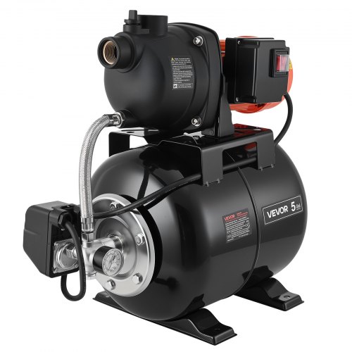 

VEVOR Pompa per Pozzi Senza Filtro 800 W, Pompa per Pozzi Poco Profondi con Serbatoio a Pressione 19 Litri Irrigazione da Giardino Testa in Plastica Flusso max 5000 L/h, Protezione da Sovraccarico