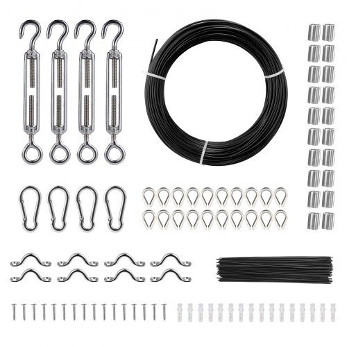 

VEVOR Kit Fune Metallica Rivestita in Vinile, Cavo 3/32 Passante in Acciaio Inossidabile Diametro 1/16, Costruzione 7x7 Fili con 189 Accessori per Luci Stringa, Stendibiancheria, Vite, 164 Piedi Nero