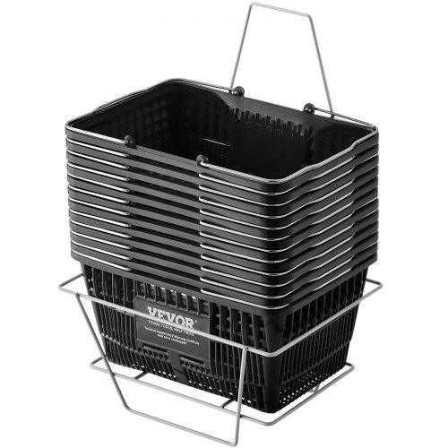 

VEVOR Cestino per la Spesa in Plastica Resistente con Manico in Metallo e Supporto, Cestino per Negozio Portatile Utilizzato per la Spesa al Supermercato, 21 Litri Nero 425 x 305 x 218 mm 12 Pezzi