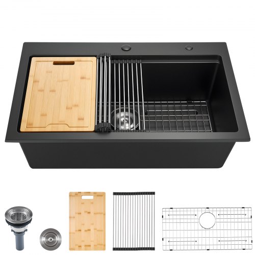 

VEVOR Lavello da Cucina in Granito 840 x 560 x 250 mm per Montaggio ad Appoggio, Lavello da Cucina da Incasso in Stile Rurale con Accessori, per Camper, Cucine di Preparazione, Bar, Nero