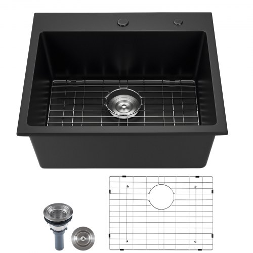 

VEVOR Lavello da Cucina in Granito 635 x 559 x 254 mm per Montaggio a Superficie, Lavello da Cucina da Incasso in Stile Rurale con Accessori, per Camper, Cucine di Preparazione, Bar, Nero