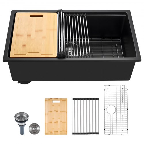 

VEVOR Lavello da Cucina in Granito 762 x 457 x 230 mm per Montaggio ad Appoggio, Lavello da Cucina da Incasso in Stile Rurale con Accessori, per Camper, Cucine di Preparazione, Bar, Nero