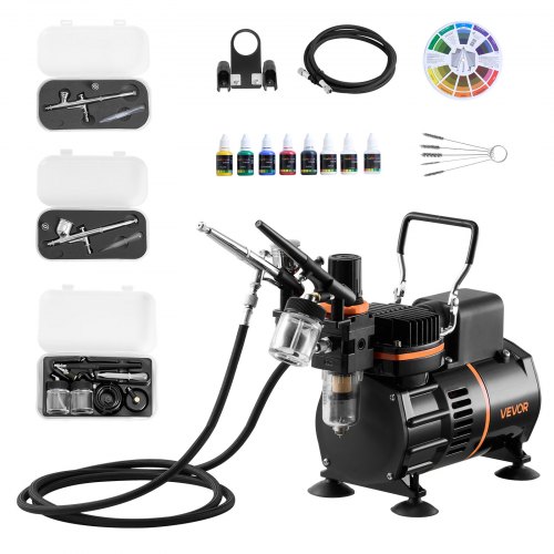 

VEVOR Set Aerografo con Compressore d'Aria 1/6 HP, Spruzzatori a Doppia Azione con 3 Ugelli Tubo Flessibile Vernice Acrilica Ventole, Kit Aerografo per Decorazione di Pittura, Modelli