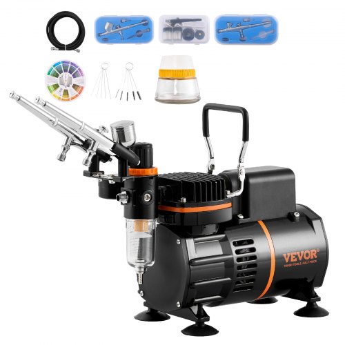 

VEVOR Kit Aerografo, Compressore d'Aria a Doppia Ventola Kit Sistema di Aerografia Professionale con 3 Aerografi, Supporto, Ruota di Miscelazione Colori, Set di Pennelli, per Tatuaggi, Trucchi, Torte