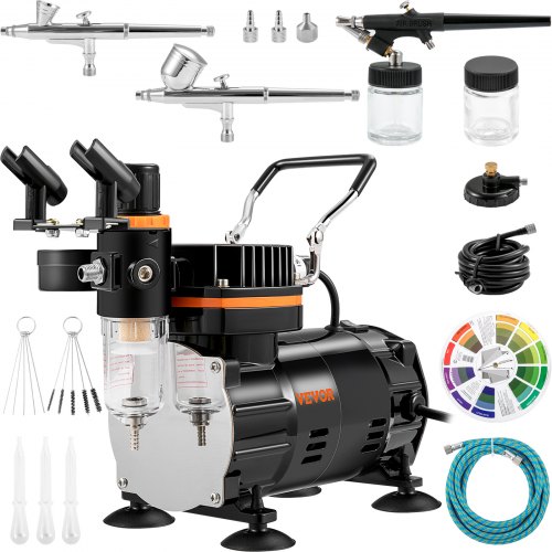 

VEVOR Kit Compressore a Doppia Azione Potenza 120 W, Pistola Aerografo Velocità del Flusso da 18-23 L/min con Kit Aerografo da 0.2/0.3/0.8 mm, Adatto a Principianti, Studenti e Artisti Avanzati, ecc.