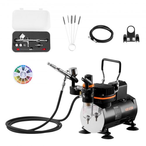 

VEVOR Set Aerografo 1/6 HP con Compressore d'Aria, 1 Spruzzatore Aerografo a Doppia Azione con 3 Ugelli (0,2/0,3/0,5 mm) Set di Pulizia, per Decorazione di Torte, Pittura di Modelli