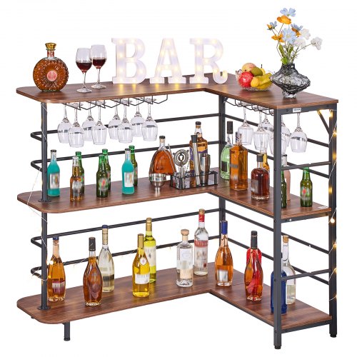 

VEVOR Bancone da Bar per Casa a Forma di L, Mobile da Bar con Ripiani Portaoggetti Piedini Regolabili Luce LED, Struttura in Metallo, Mobile per Liquori Salvaspazzio ad Angolo da Cucina Salotto