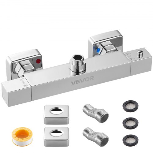 

VEVOR Valvola Termostatica per Rubinetto Doccia, con Blocco di Sicurezza a 38°C, Valvole di Controllo della Temperatura con Acqua Calda e Fredda per Camper, Hotel, Due Fori e Argento Cromato