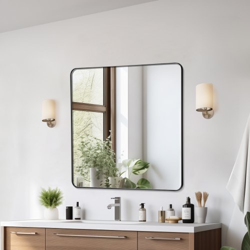 

VEVOR Specchio da Trucco da Parete, Specchio 915 x 915 mm con Cornice in Lega di Alluminio e Pellicola Antideflagrante, Specchio Antigraffio con Staffa a Forma di Z, Adatto per Bagno Soggiorno Nero